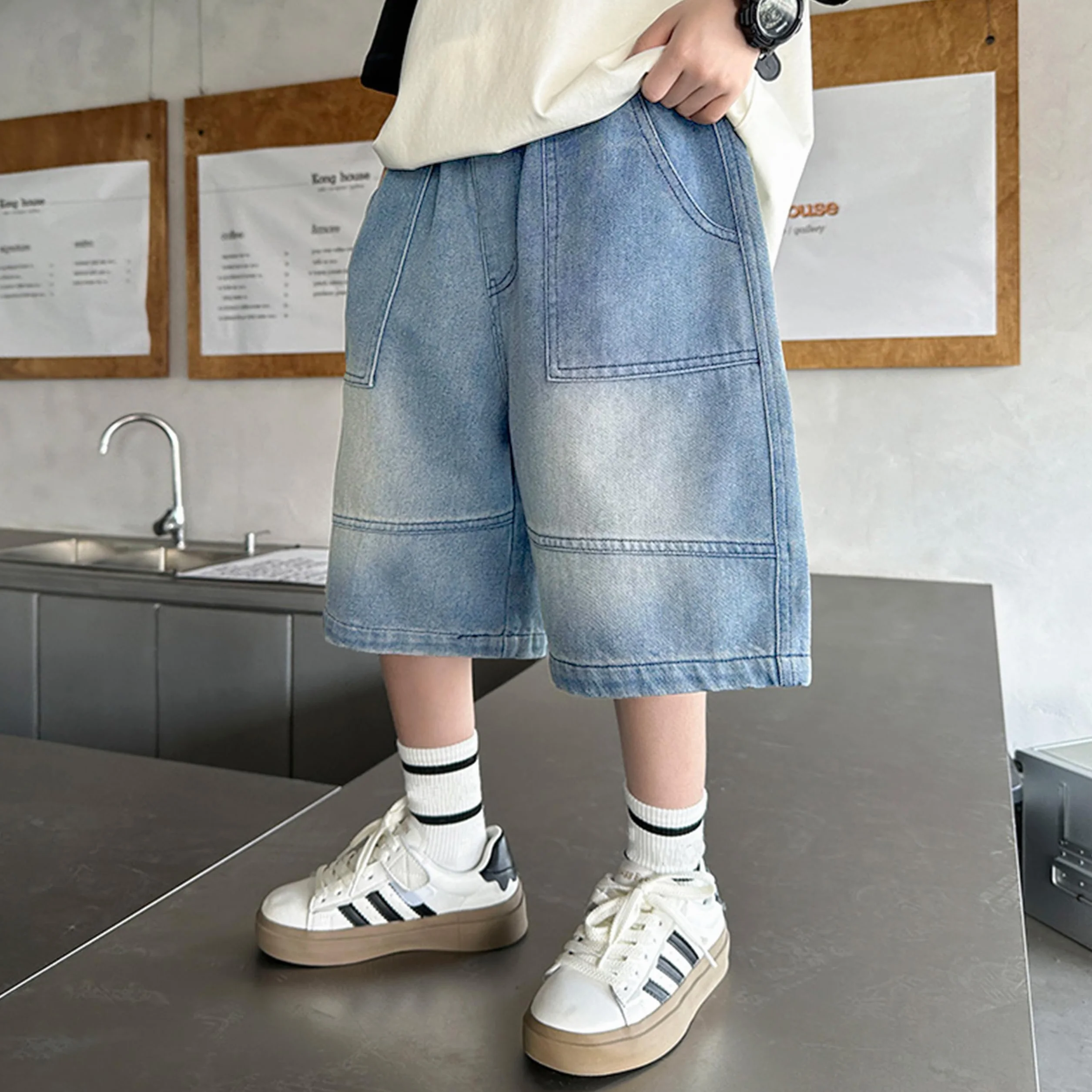 Rolanko Short en Jean pour Garçon, à Taille Élastique Baggy Ample Cargo Denim Shorts pour L'été