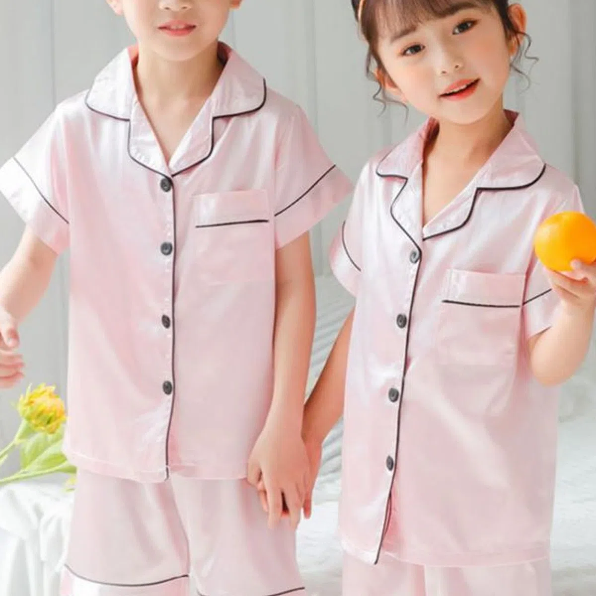 Risipu Pyjama en soie unisexe à manches courtes pour fille Couleur unie