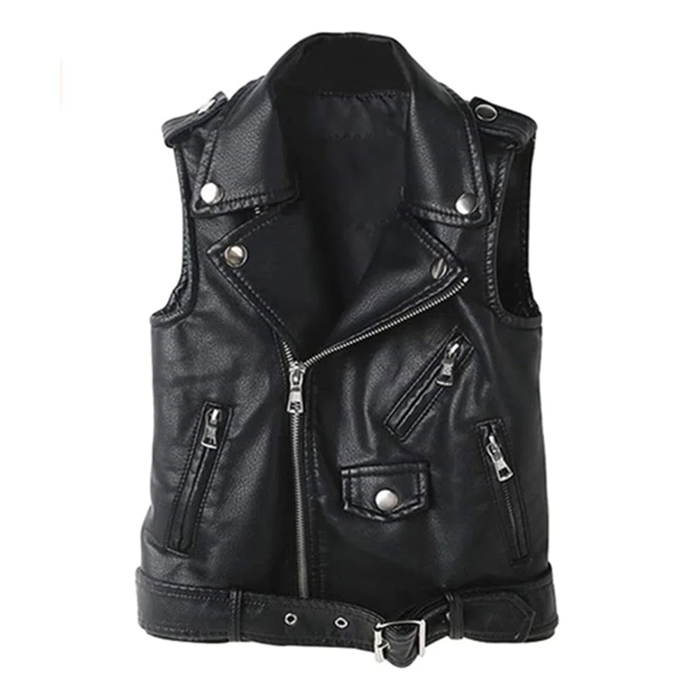 Veste en Simili Cuir sans Manche Enfant - Blouson Motard avec Fermeture éclair asymétrique - Manteau Printemps Automne Garçon Filles