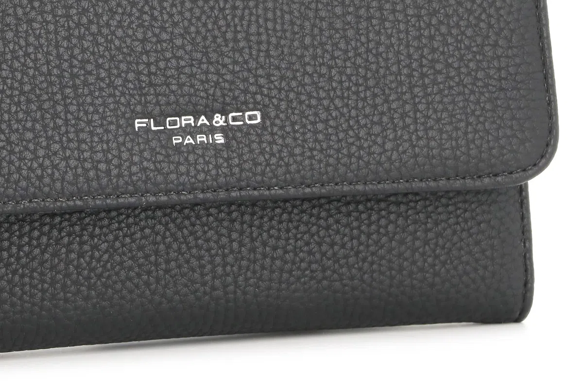 flora & co - Portefeuille Femme Tout-en-Un Rabat - Porte-chéquier Porte-Cartes et Monnaie 3 en 1 - Compagnon 3 Volets Grande Capacité Fourre-Tout - Classique Chic Tendance - Similicuir Souple - Noir
