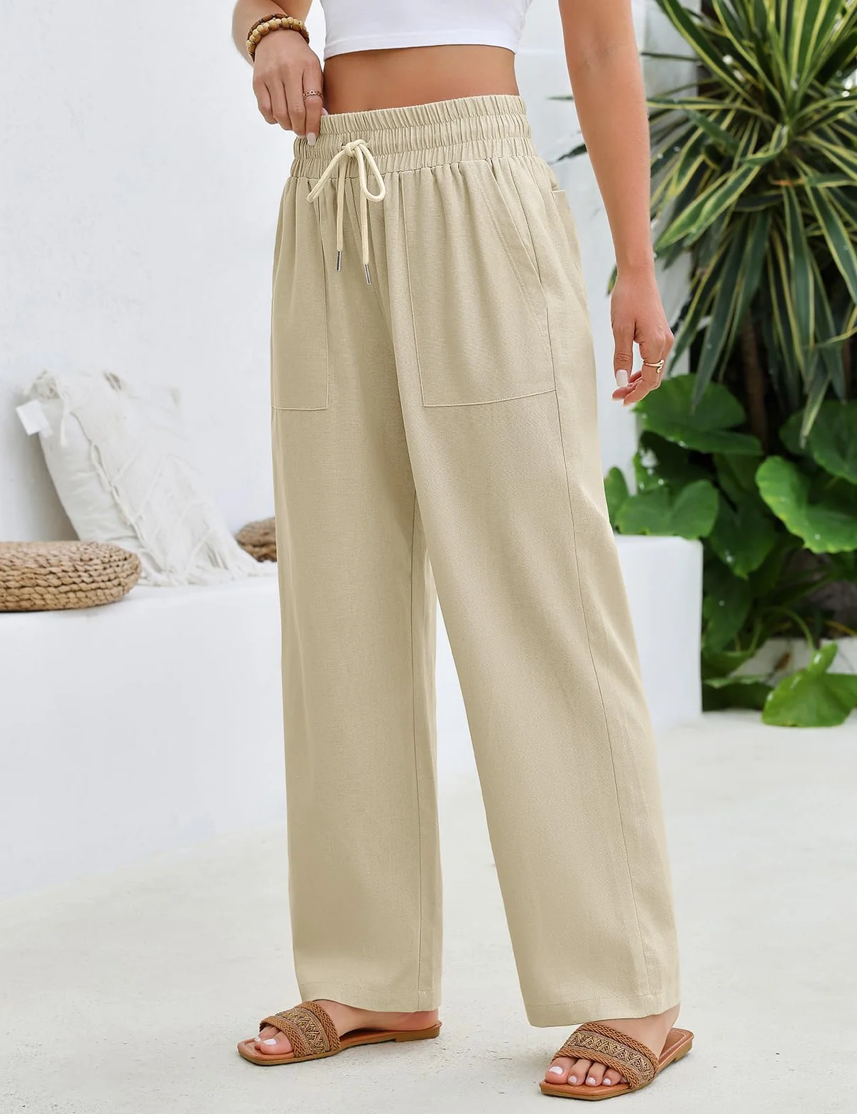 Pantalon Femme Fluide Été Pantalons Lin Taille Haute Elastique Pantacourt Léger Ample Jogging Décontractée Large avec Cordon de Serrage Longueur Pants Chic et Elegant avec Poches