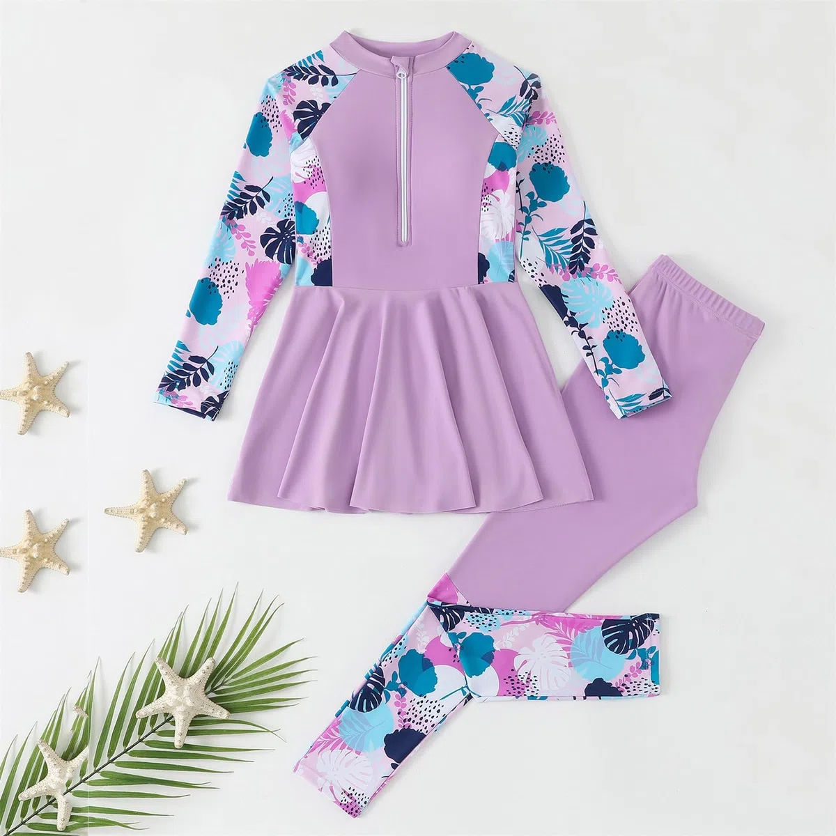 Enfant Fille Maillot de Bain Musulmane Anti UV Tenue Manches Longues avec Pantalon de Bain Burkini Combinaison Natation Plage Surf