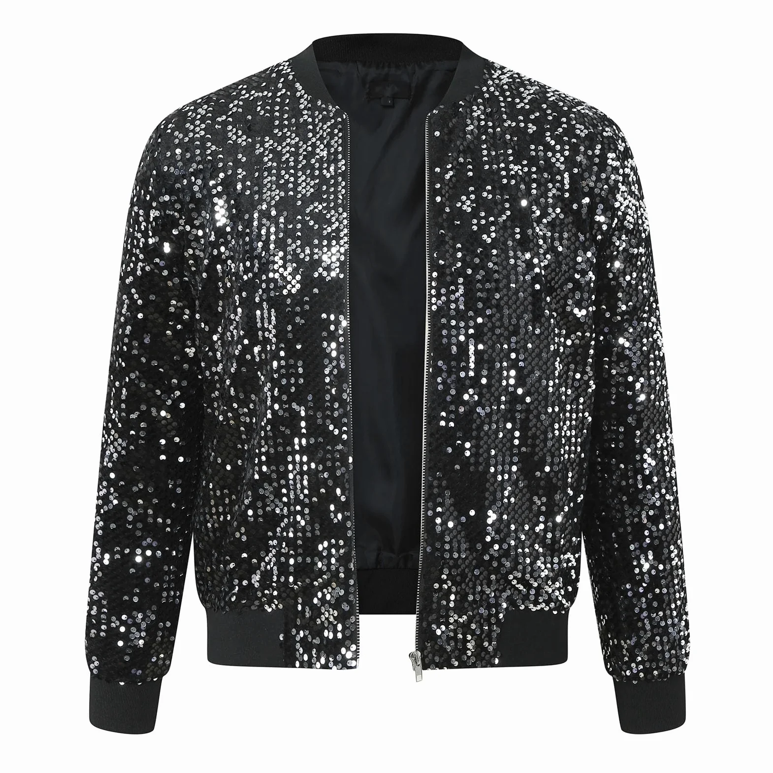 Veste Bomber Paillettes Baseball Homme 70 discothèque fête des années Brillant de Pilote Sequins métallisées années Baseball Carnaval Costume à Paillettes Courte Clubwear discothèque fête costumée