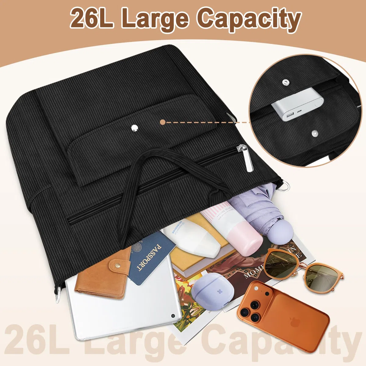 Grande Sac a Main Femme Velours Côtelé Sac Fourre Tout Sac Cabas Sac Multipoches avec Bandoulière Amovible Fermeture Éclair Sac Cours Lycee Sac Besace pour Shopping Travail Université