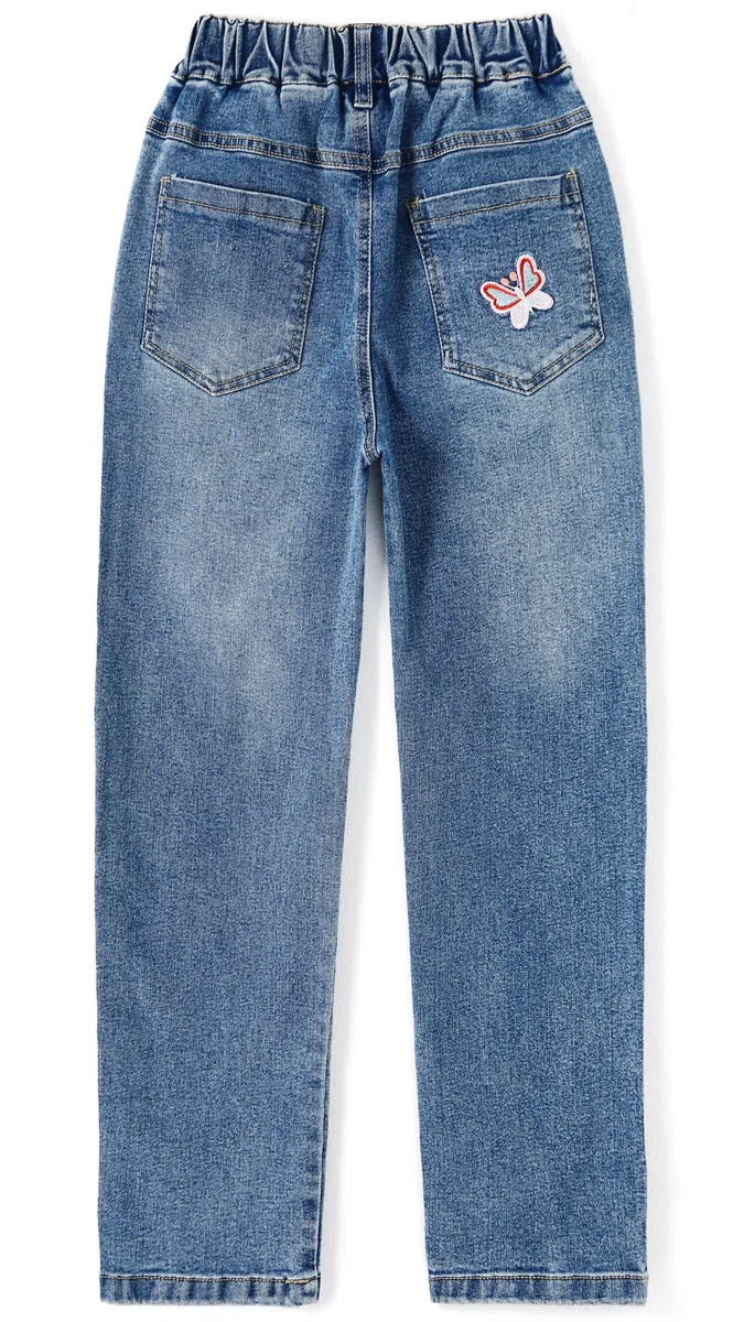 KIDSCOOL SPACE Jean Fille, Ceinture Élastique, Denim Stretch Brodé, Bleu