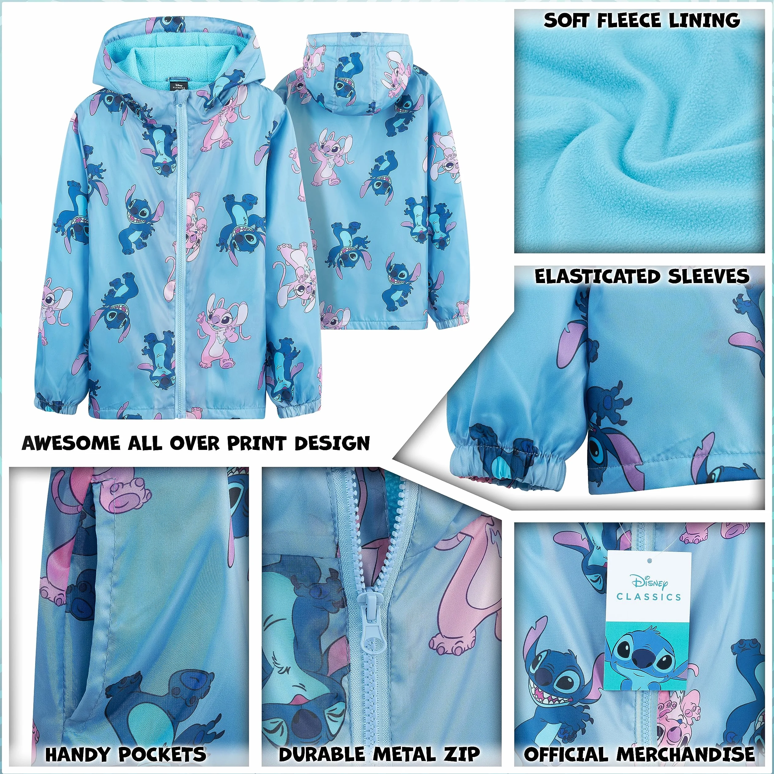Disney Veste Stitch, Impermeable Enfant Fille, Veste de Pluie Enfant avec Doublure en Polaire, Vêtement Enfant Fille Ado 4-14 Ans