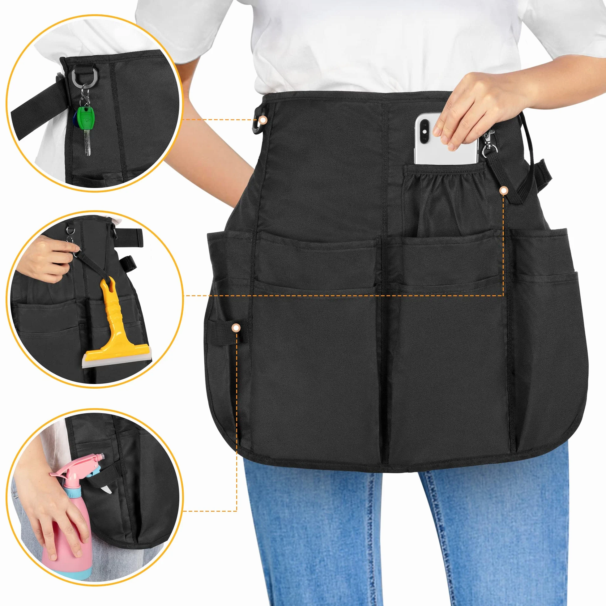 LoDrid Tablier de nettoyage professionnel, tabliers de nettoyage résistants à l'eau avec 9 poches et ceinture à boucle réglable pour les travaux de nettoyage de la maison, de l'hôtel