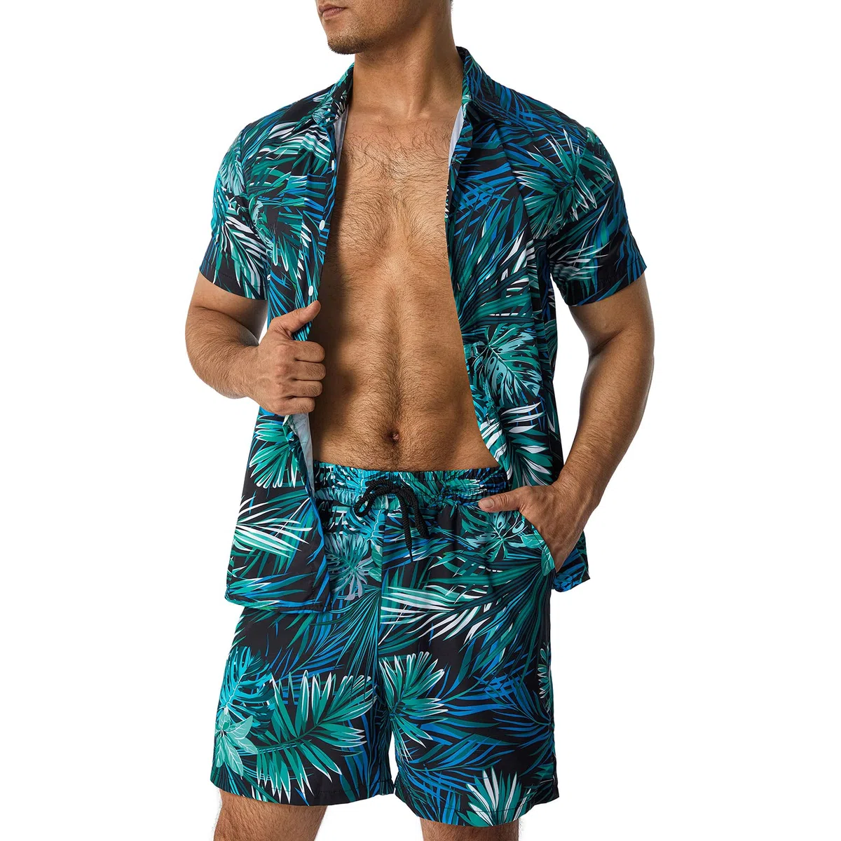 Loalirando Ensemble Hawaien Homme de 2 Pièces Chemise Imprimées à Manches Courtes + Shorts Assorti Taille Elastique