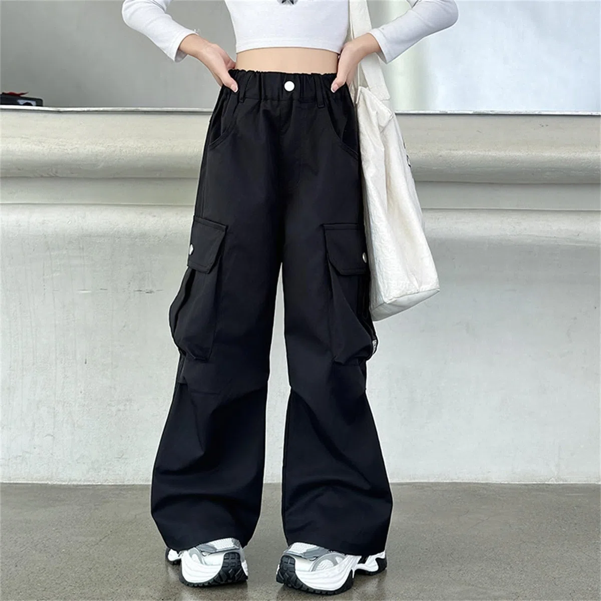 Pantalon cargo à jambe large avec poches pour filles - Taille élastique - Pantalon d'école tendance - Taille haute - Droit - Ample - Style hip-hop uni, Noir , 12-13 ans