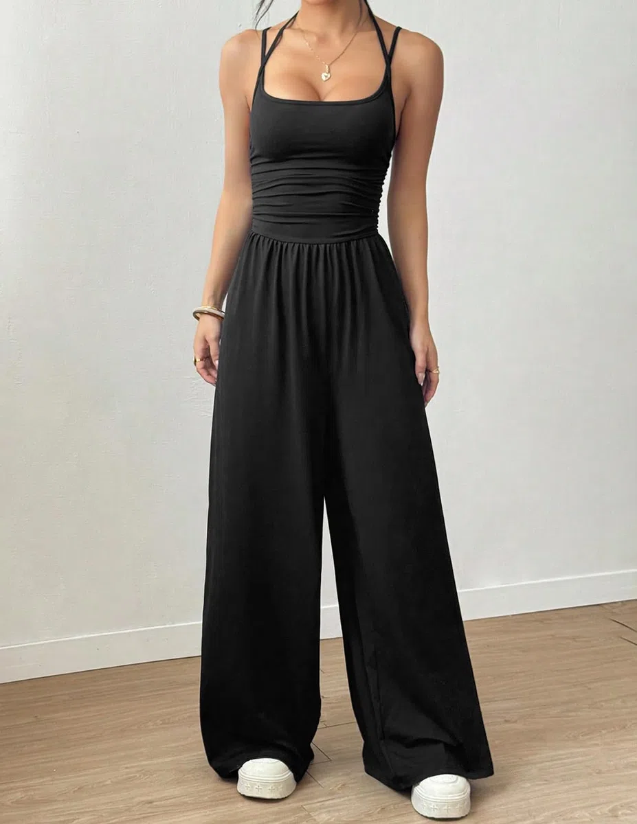 LIAMERHE Combinaison Femme Été Élégante Dos Nu Col Licou Sexy Pantalon Large Fluide Taille Haute Chic Sans Manches Jumpsuit pour Mariage Plage Décontracté Mode Barboteuse
