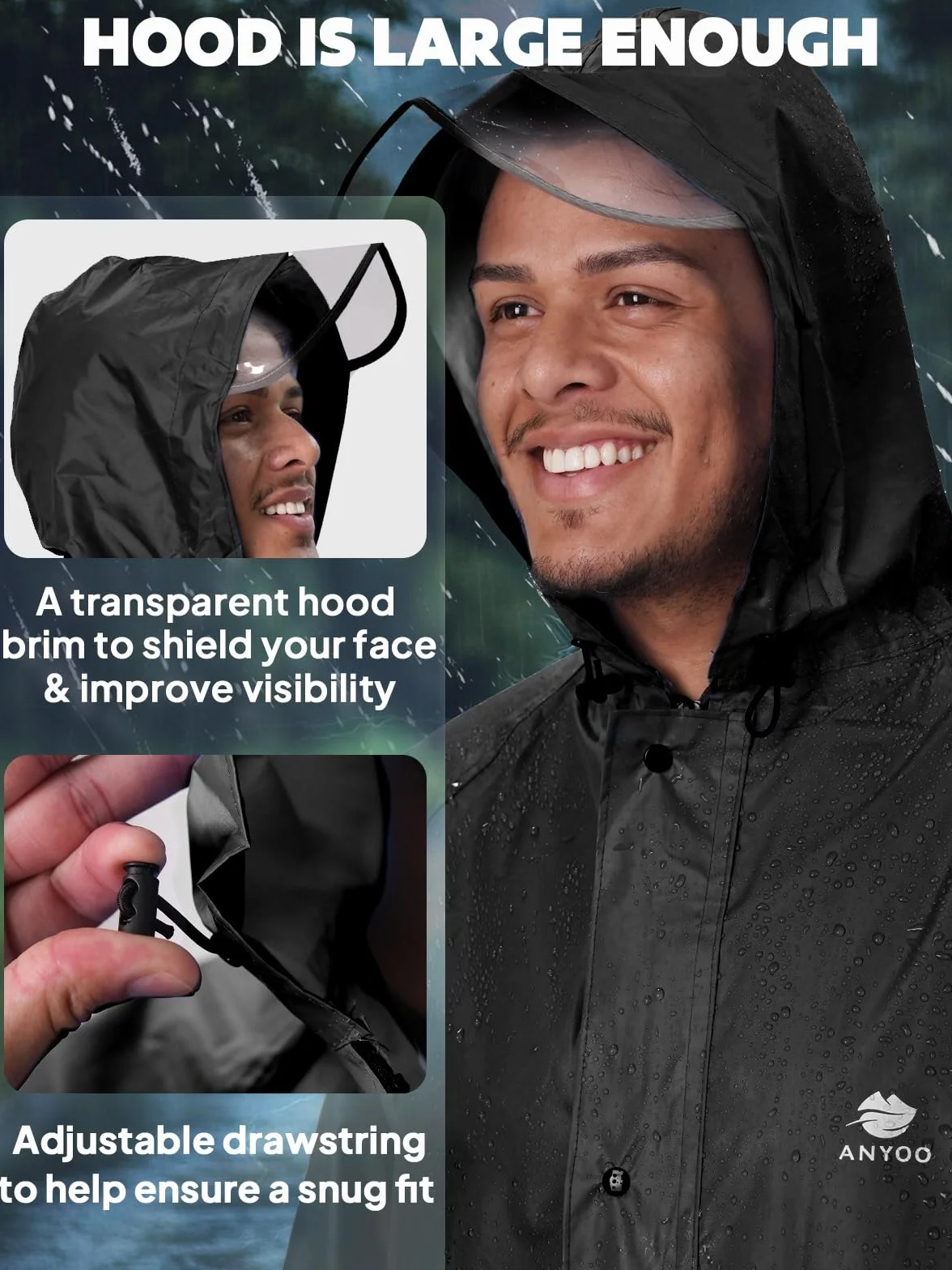 ANYOO Imperméable À l'eau Poncho Réutilisable Ripstop Respirant Multi-Usage Imperméable pour Hommes Femmes avec Capot Bâche Abreuvoir Sol Idéal pour Camping Randonnée Pêche