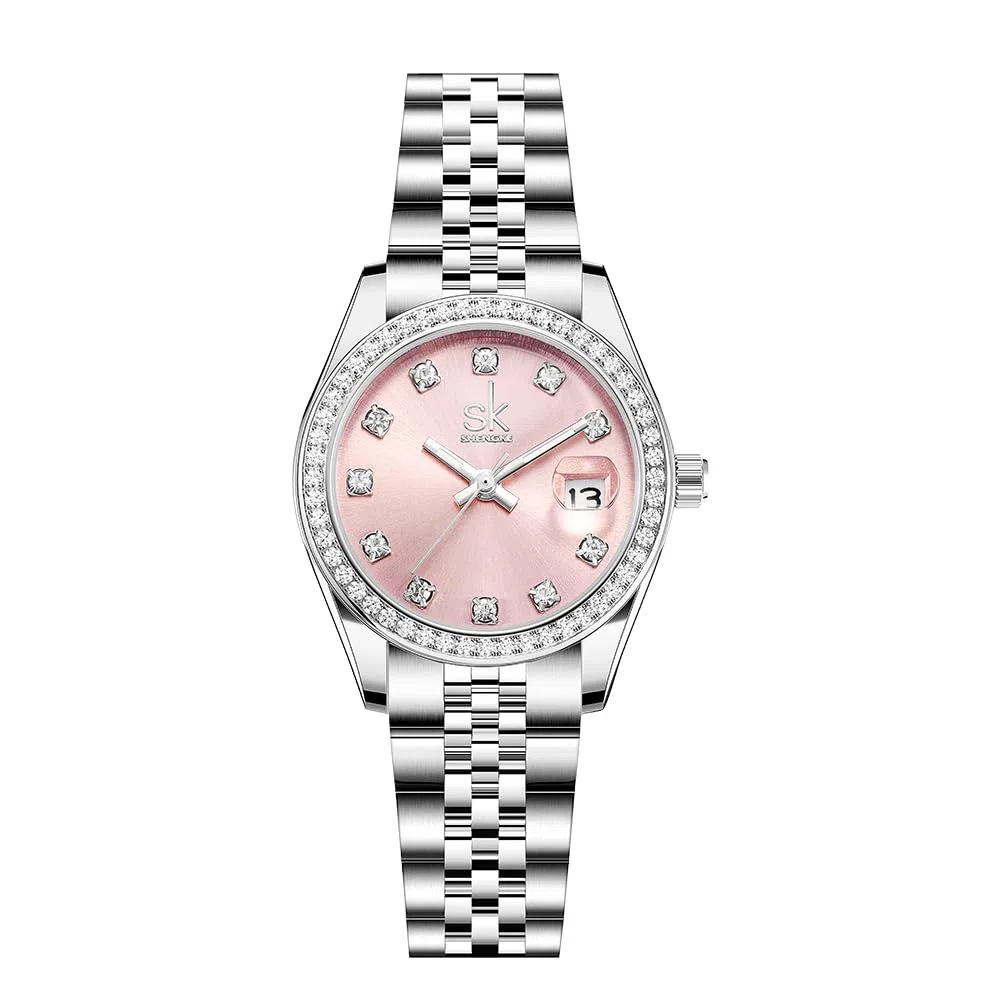 SHENGKE Montre pour Femmes avec Bracelet en Alliage d'acier et Cristaux Montre à Quartz et Calendrier pour Femmes