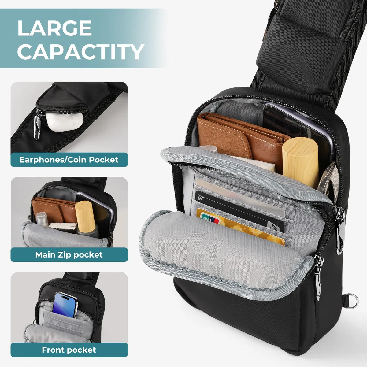 BROADREAM Sac à bandoulière avec Reißverschluss Lock & RFID-Blockierung, Petite Sacoche Poitrine Homme et femme, Sling Bag convient pour les épaules gauche et droite