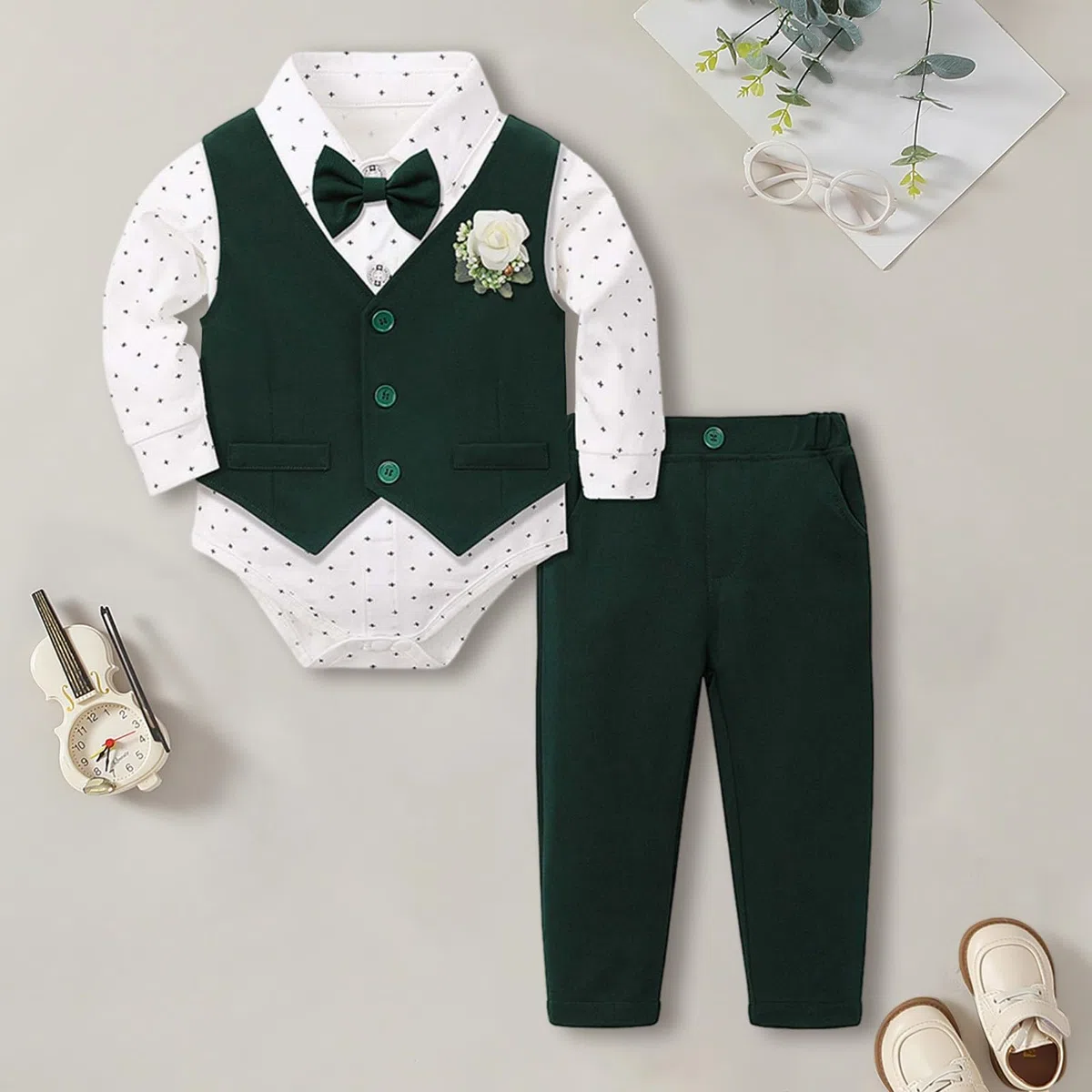 Costume Bebe Garcon, 3pcs Ensembles Mariage Gentleman Vêtements Combinaison + Breast Flower Vest + Pantalon
