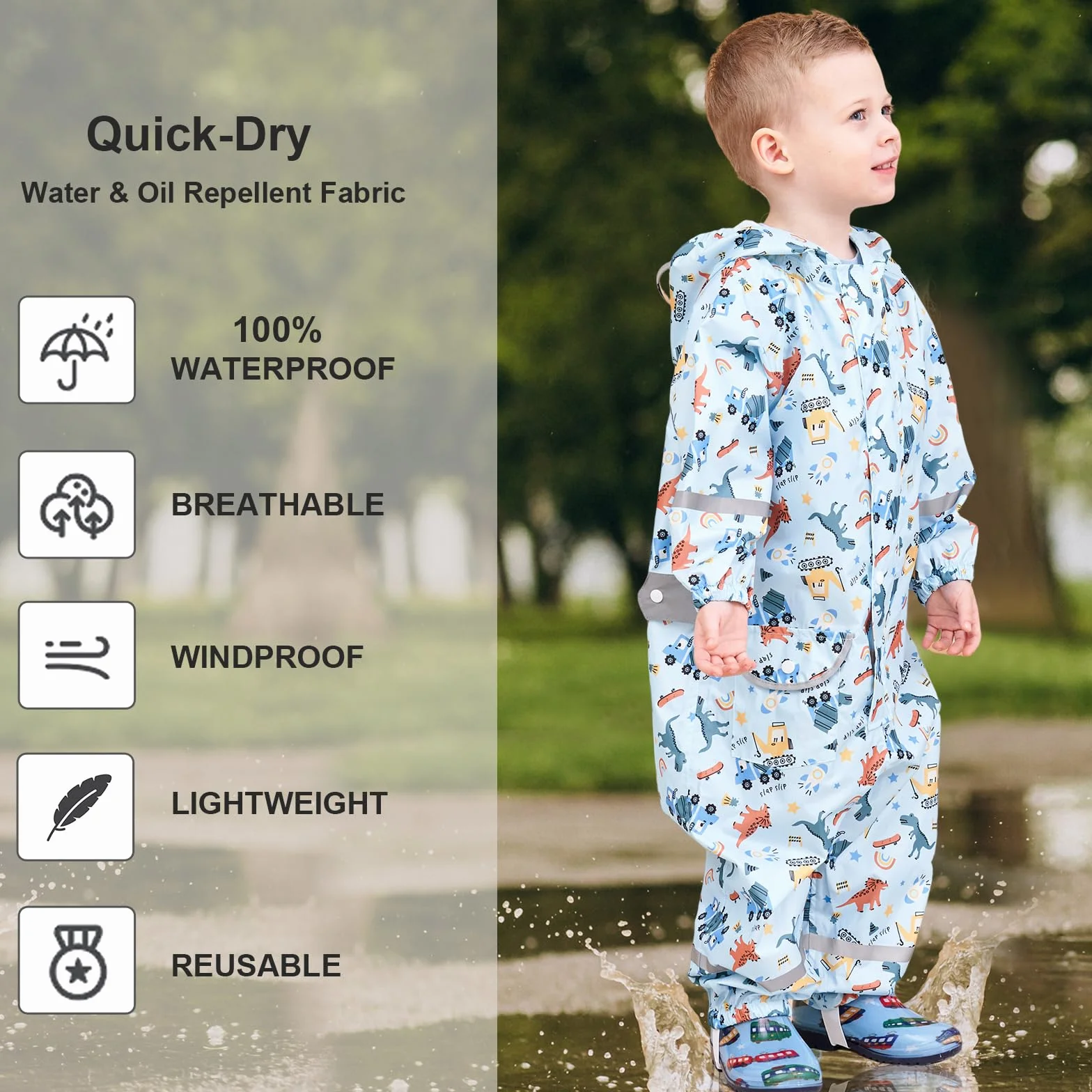 Combinaison de Pluie pour Enfants Garçons Filles Imperméable Une Pièce Combinaison Imperméable Zippée Poncho de Pluie Respirante Vestes de Pluie Léger 1-10 Ans