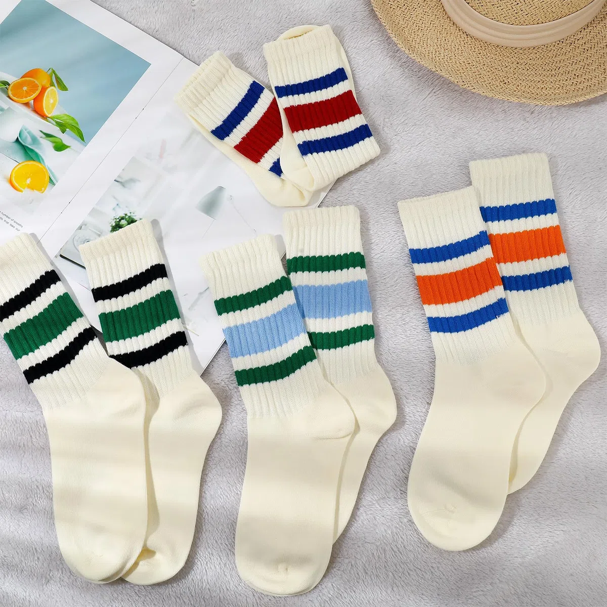 Meng Jiaran Lot de 4 paires de chaussettes de sport pour femme et homme, chaussettes rondes rayées pour femme et homme, taille 4-7, chaussettes décontractées en coton rétro athlétiques pour femme et