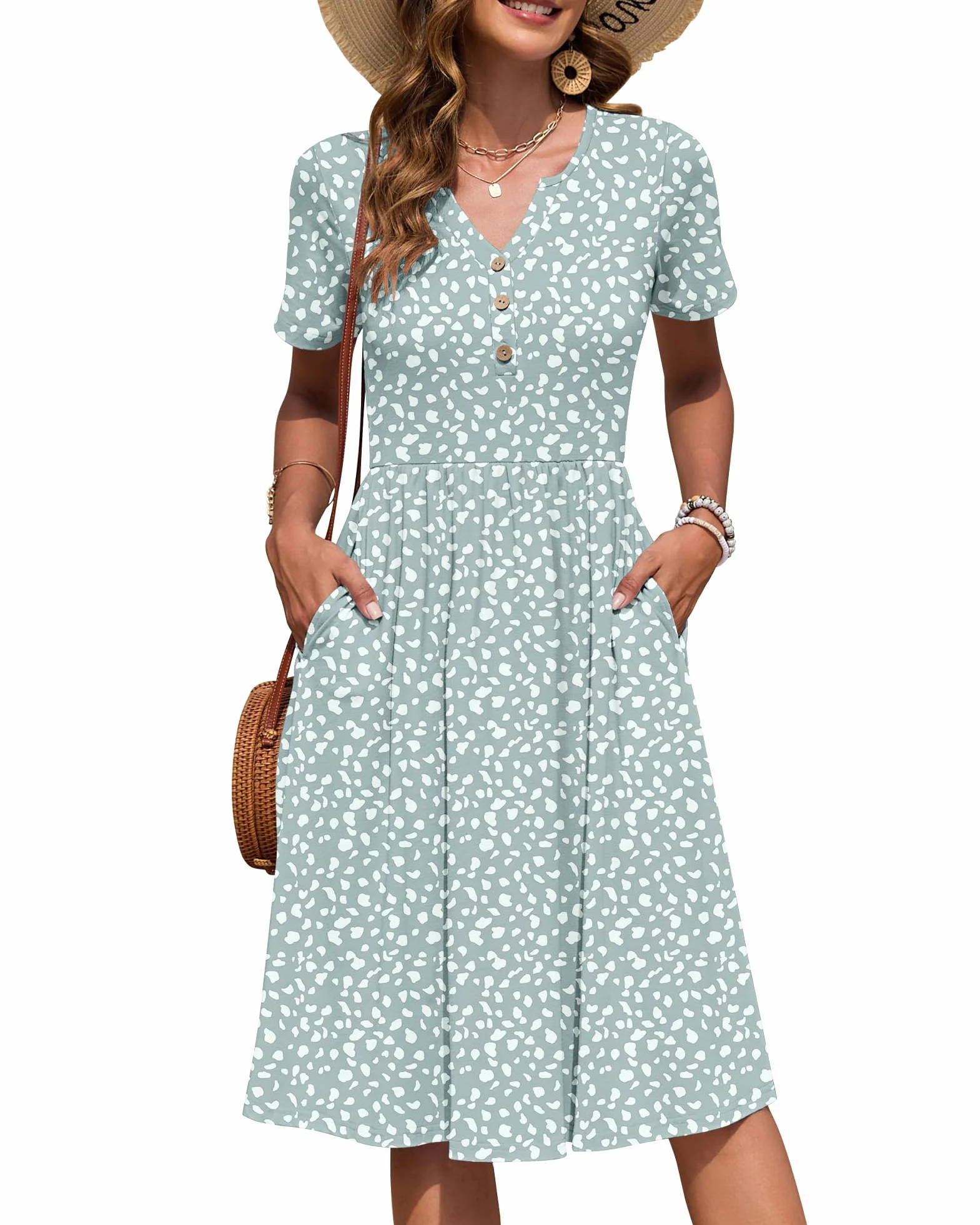 AUSELILY Robe Femme d'été à Manches Courtes avec Boutons Robes Longueur Genou légère Col en V Style Empire Décontractée avec Poches