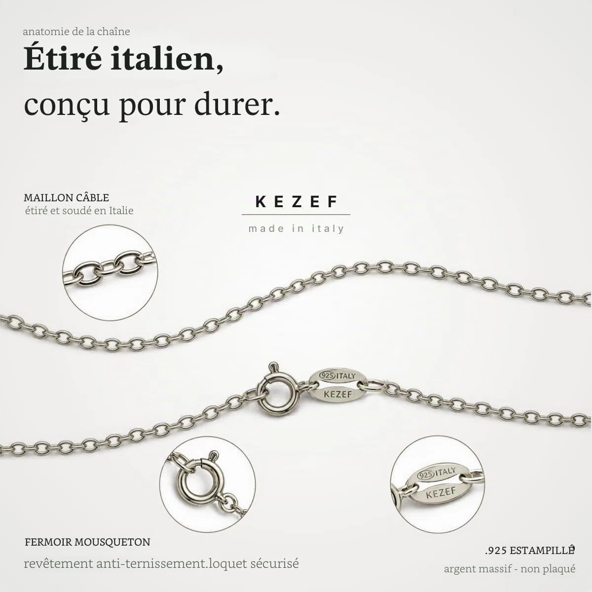 KEZEF Chaîne Femme 1,3 mm | Collier Chaîne Fine et Solide à Maille Ovale | Disponible en Argent 925, Plaqué Or et Plaqué Or Rose