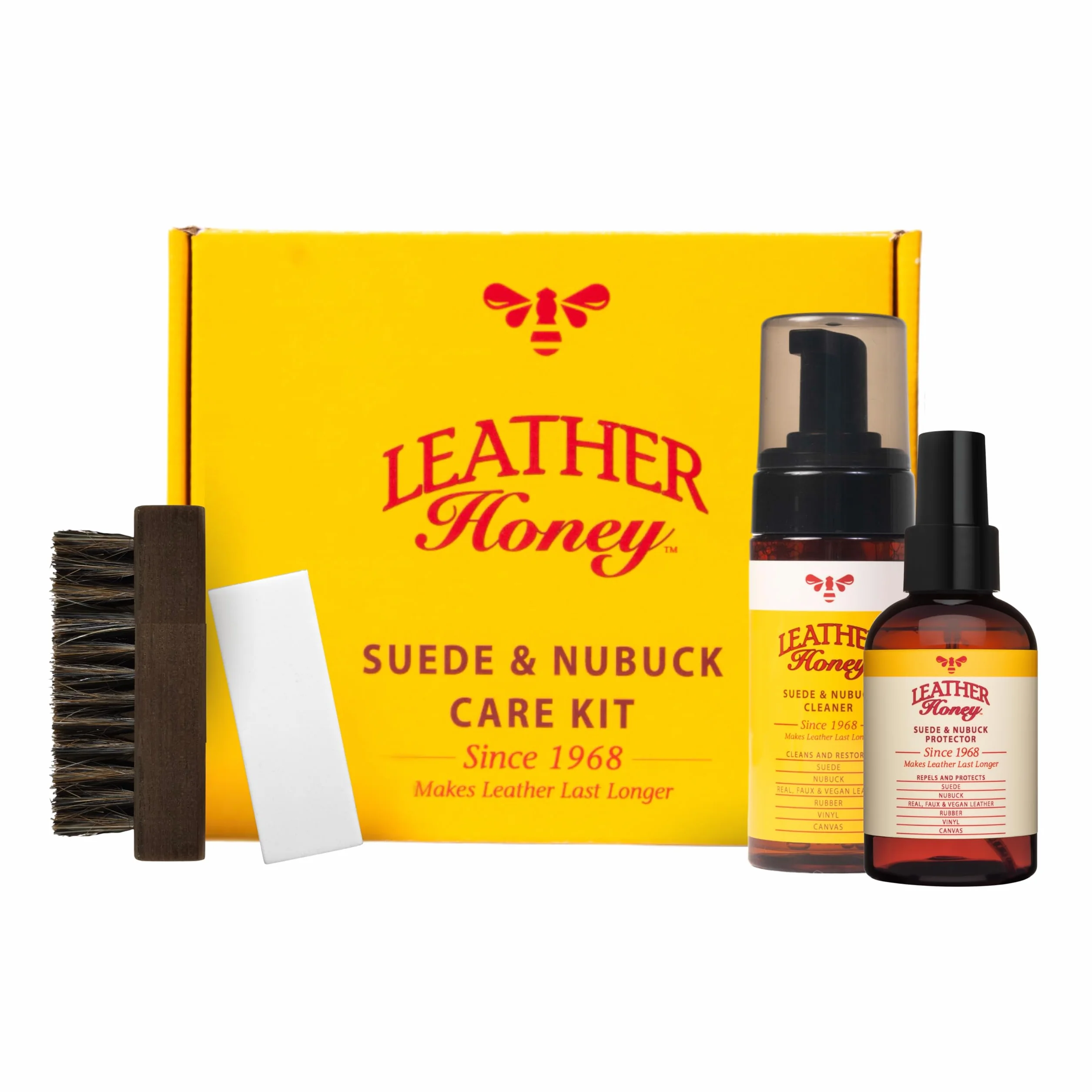 Kit d'entretien pour cuir, daim et nubuck : nettoyant, protecteur, brosse à daim et effaceur. Nettoie, protège et restaure chaussures, bottes, UGGs, meubles, vestes, sacs et vêtements. Toutes couleurs
