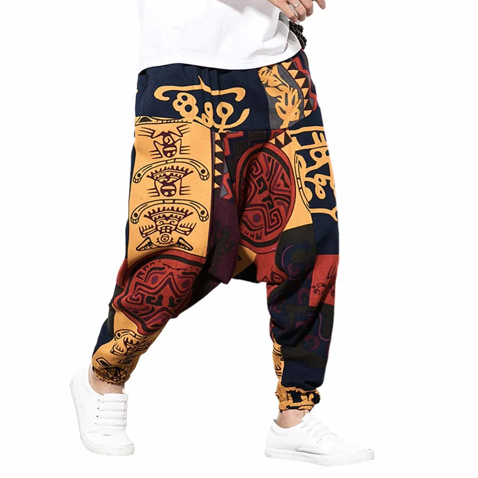 Pantalon sarouel hip-hop ample en lin pour homme - Pantalon de yoga Aladdin bohème - Pantalon bouffant - Entrejambe profond - Imprimé rétro - Pantalon avec poches