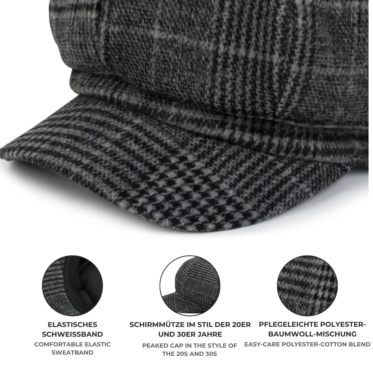 styleBREAKER Casquette Bakerboy pour Femmes avec Motif à Carreaux Glencheck, Casquette Ballon, Casquette Newsboy, Casquette Plate 04023060
