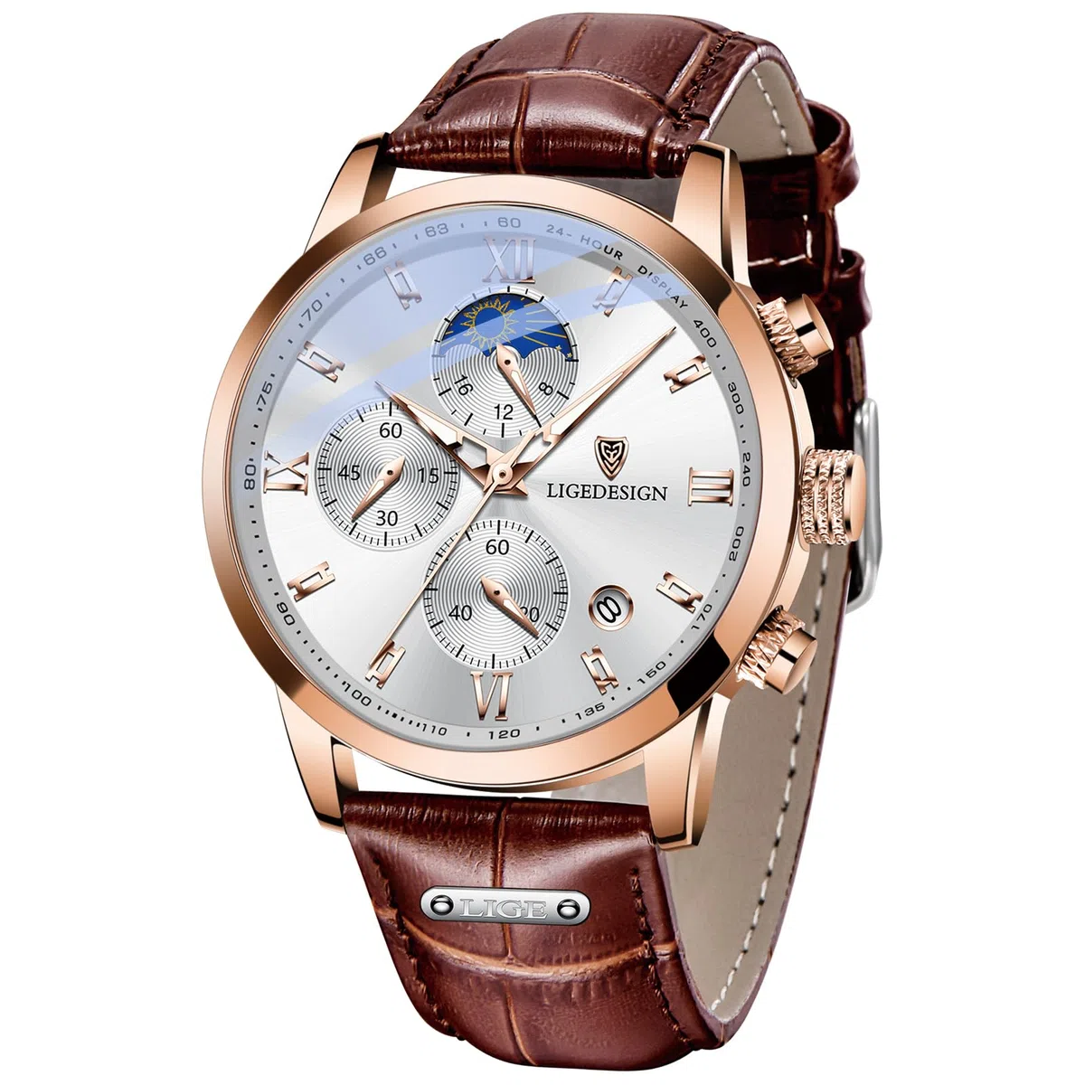 LIGE Montre Homme, Chronographe Quartz Analogique, Cadran Chronographe Jour-Lune, Bracelet en Cuir, Aiguilles Luminescentes, Affichage de la Date, Montre Homme Etanche 3ATM, Outdoor Décontracté