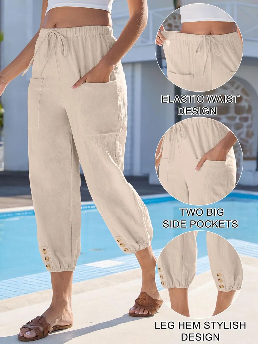 Yutdeng Pantalon Lin Femme Été Pantalon Femme Taille Elastique 7/8 Large Pantalons pour Femmes Coton Taille Haute Pantacourt Ample Pants Décontracté Rétro Léger avec Poches Sport Jogging Plage Yoga