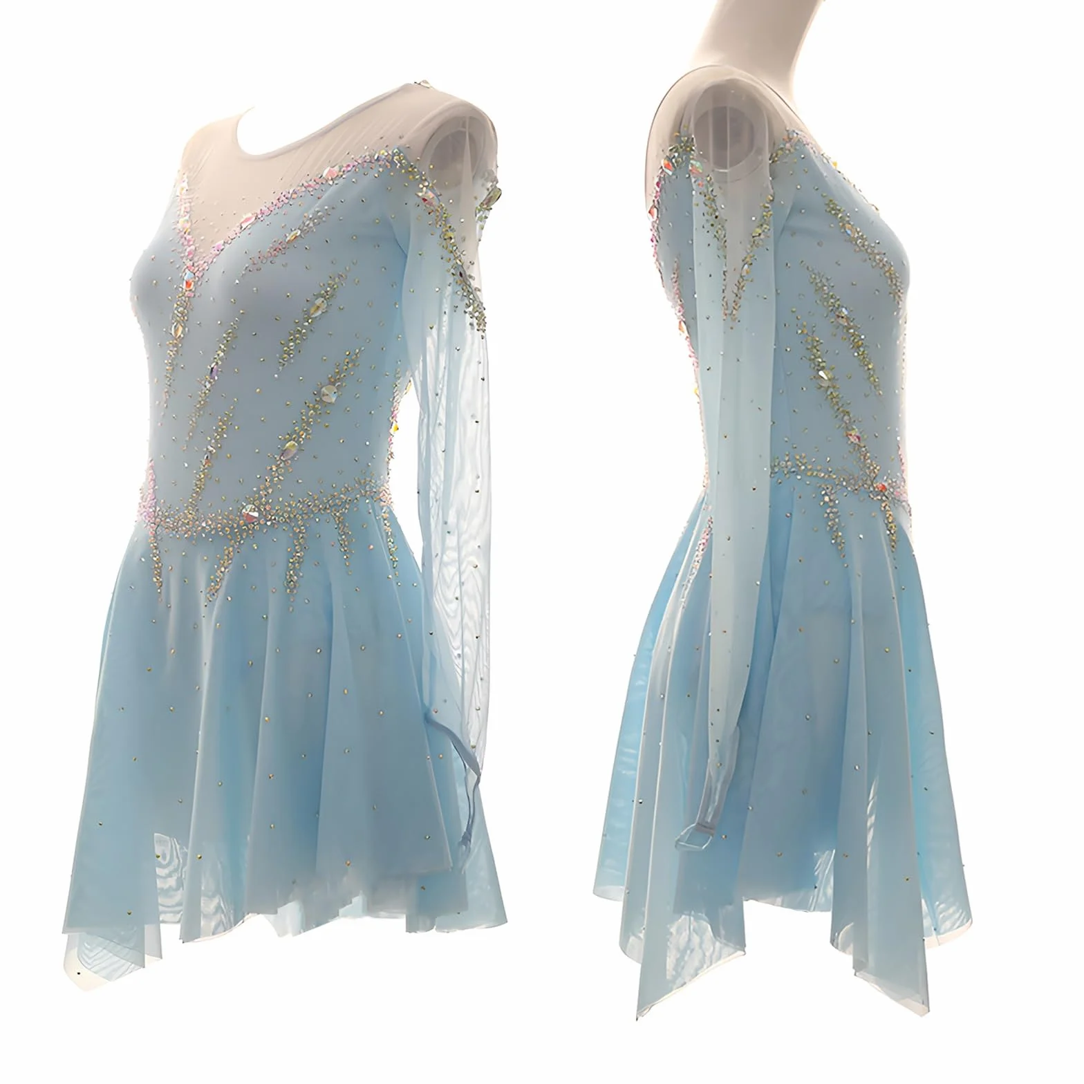 Robe De Patinage Artistique À Manches Longues for Fille, Robe De Patinage Sur Glace Haute Élasticité for Femme Avec Cristaux, Tenue De Danse