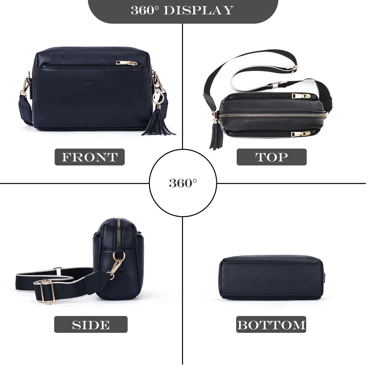 Roulens Petit Sac Bandoulière Femme avec 3 Compartiments Zippés,Sac à Bandoulière Femme en Cuir PU,Sac a Main Femmes Sacoche Femme Bandoulière avec Large Sangle Réglable et Amovible