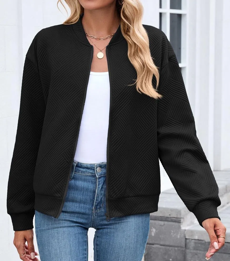 PANOZON Femmes Manches Longues Blouson Jacquard Bombardier Décontracté Zippée Veste de Baseball Légère