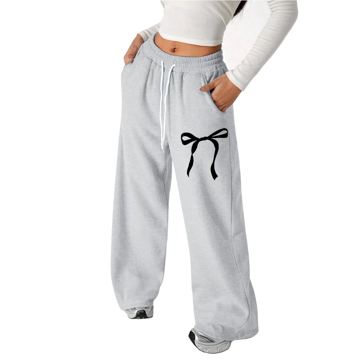 Generisch 2025 Baggy Pantalon de jogging avec nœud pour fille Pantalon de sport léger avec jambe droite et poches