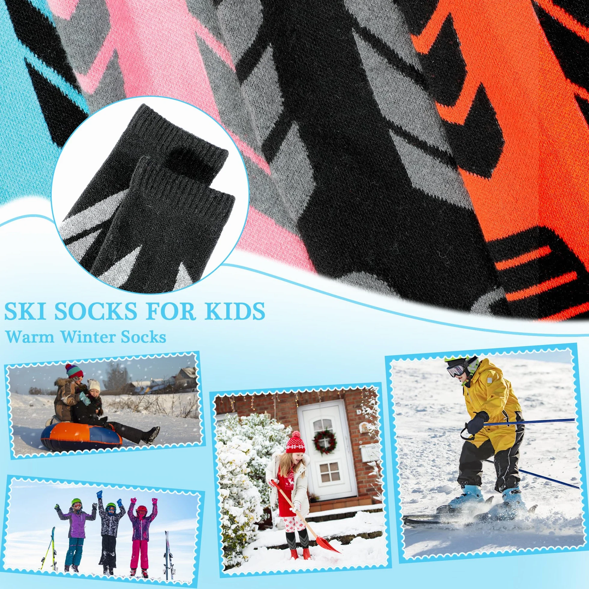 Chaussettes de ski chaudes pour enfants – 2 paires de chaussettes de ski en laine mérinos, chaussettes thermiques d'hiver chaudes pour le snowboard pour garçons et filles