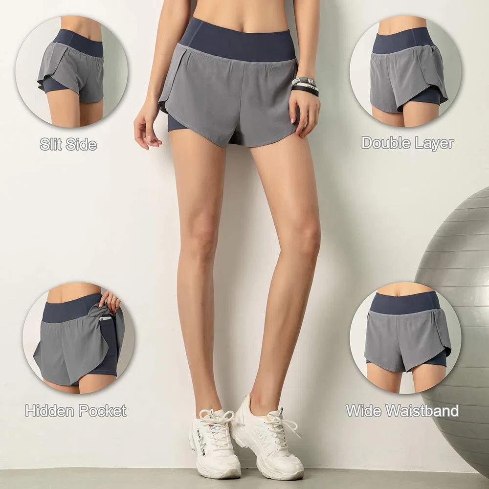 LIXADA Femmes 2-en-1 Short de Course avec Poche Large Ceinture Double Couche Doublure Couche de Couverture Sportswear pour Se prélasser Sport Yoga Athlétique d'entraînement