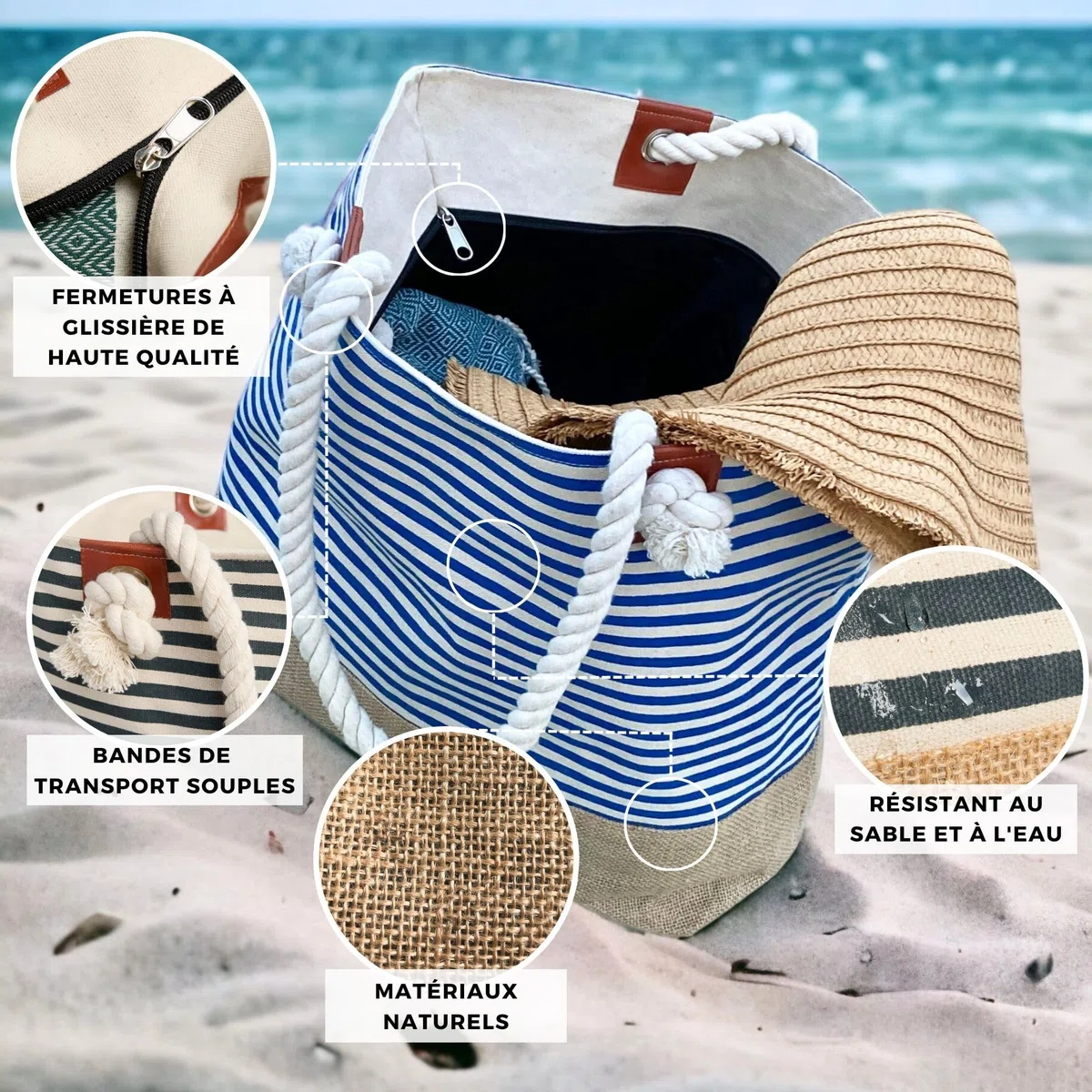 Sac de Plage XL - avec fermeture éclair et 2x poches intérieures (pour maillots de bain mouillés et objets de valeur) | Sac de Voyage femme + homme
