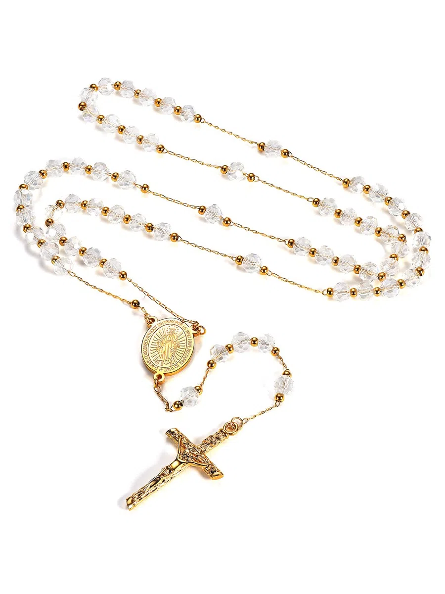 FaithHeart Collier Chapelet Catholique en Acier Inoxydable pour Femme Homme, Chaîne de Rosaire 66cm avec Médaille de Vierge Marie et Pendentif Crucifix, Cadeau Bijou pour Communion et Baptême