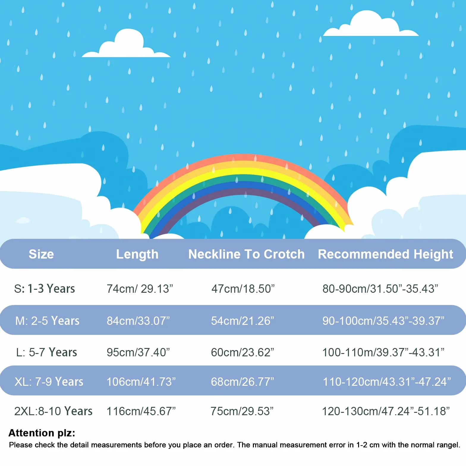 Combinaison de Pluie pour Enfants Garçons Filles Imperméable Une Pièce Combinaison Imperméable Zippée Poncho de Pluie Respirante Vestes de Pluie Léger 1-10 Ans