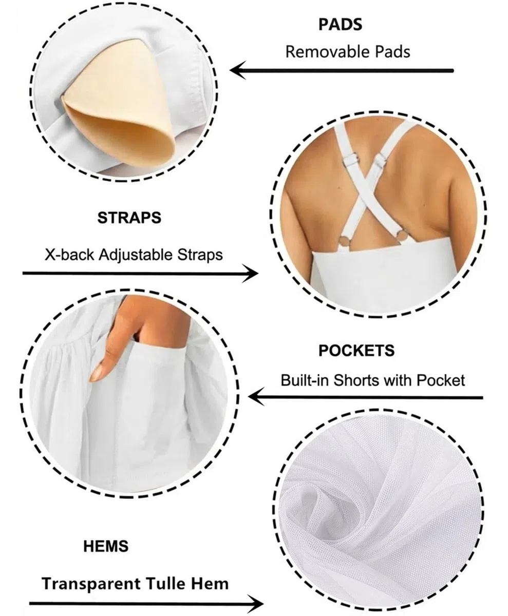 Jinsha Robe Tennis Femme Tulle Transparent Soutien Gorge Intégré et Short avec Poches - Golf Volleyball Cheerleading Sport Noir Blanc Sexy Casual Robe Femme Chic ete Jupe Robes Sport Short Dress
