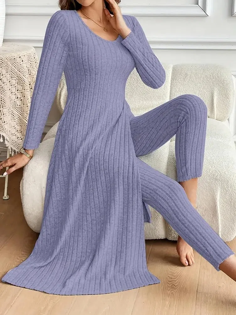 Generisch Combinaison 2 pièces pour femme - Combinaison en tricot à manches longues - Haut et leggings côtelés - Ensemble 2 pièces - Tenue d'été 2 pièces - Pour femme