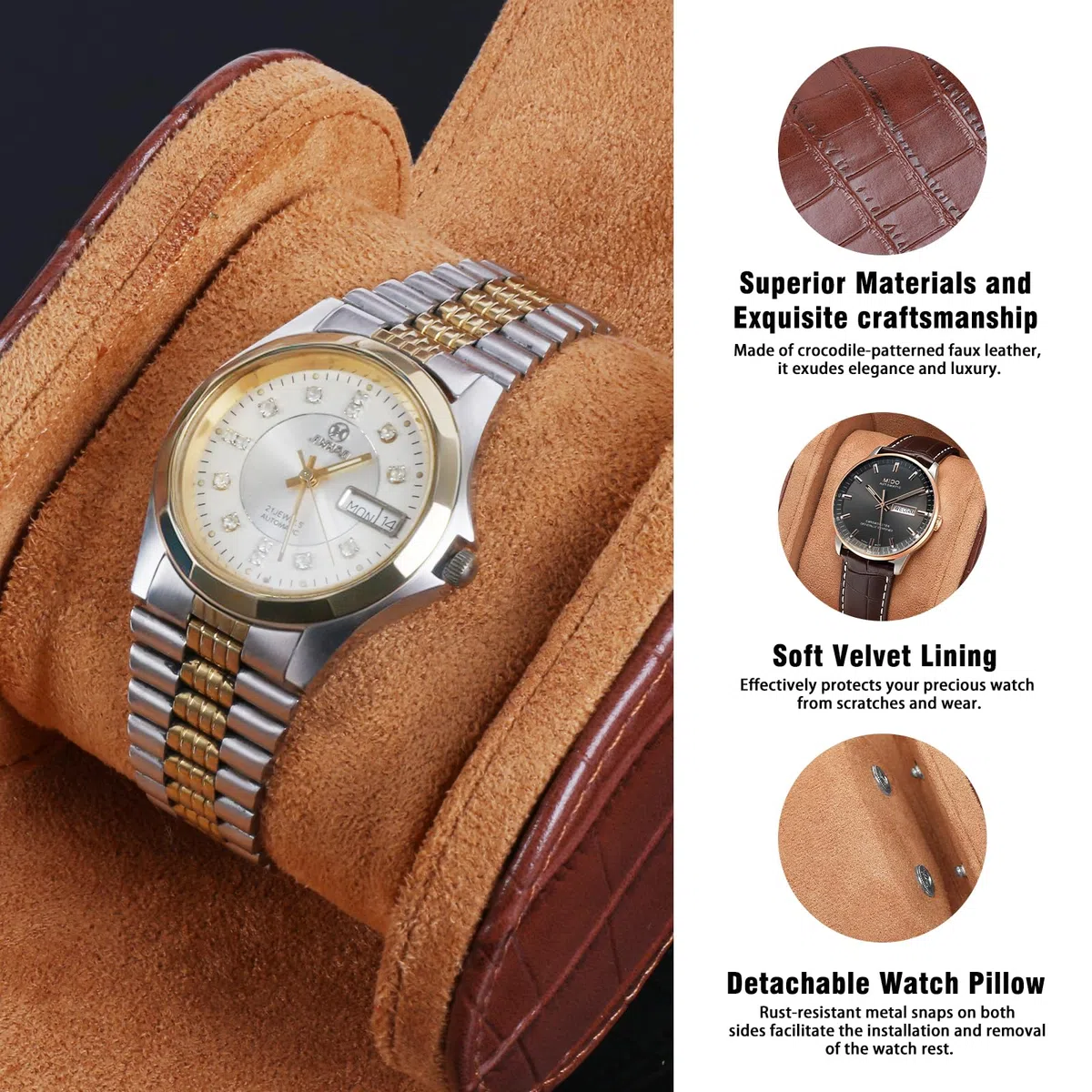 Coffret montres cuir pour 1 montres,Boite a Montre,simili cuir motif crocodile, coffret rangement luxe vintage, idéal pour les anniversaires, Noël, Saint-Valentin - (Brun foncé | 1 Fente)