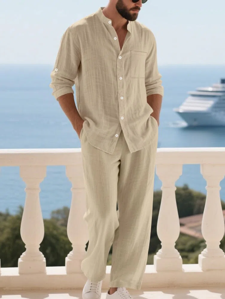 Homme Ensemble en Lin 2 Pièce Chemises Shirt à Manches Longues Pantalons Casual Vintage Survêtement Printemps Été Hauts Chemisette et Pantalon