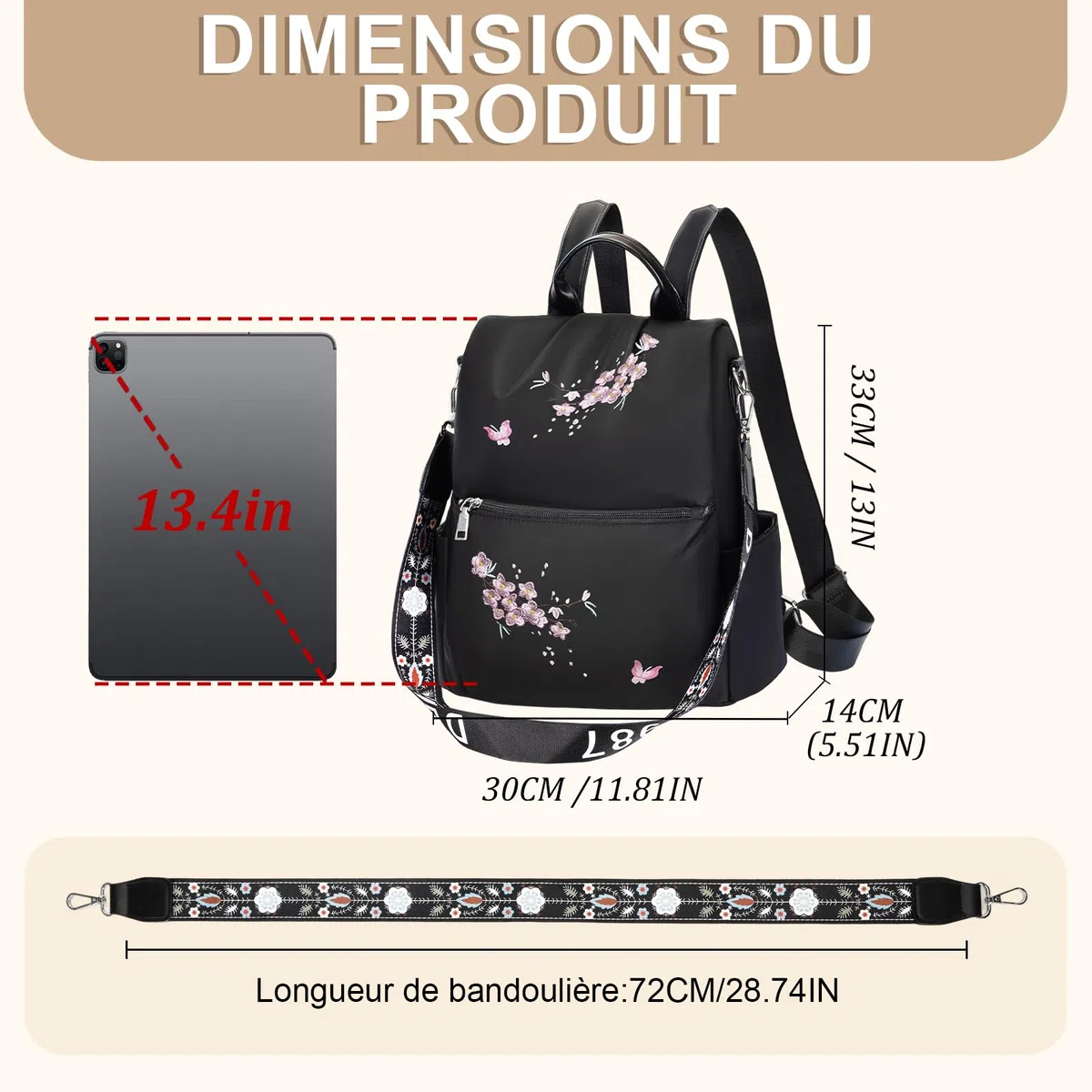 Eshow Sac à Dos Femme Antivol Nylon, Sacs à Main Portés Dos Femme, Petit Sac Bandoulière Fort Backpack Multifonctionnel Casual Léger pour Voyage L'école Travail Université Collège Noir