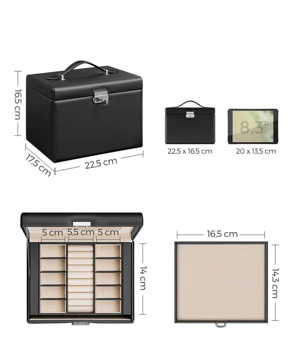 SONGMICS Boîte à Bijoux 4 Niveaux, Écrin à Accessoires avec 3 Tiroirs, Coffre de Rangement, Poignées, Miroir Intérieur, Verrouillable, Rangement pour Bijoux, pour Montres, Noir d'Encre JBC159B01