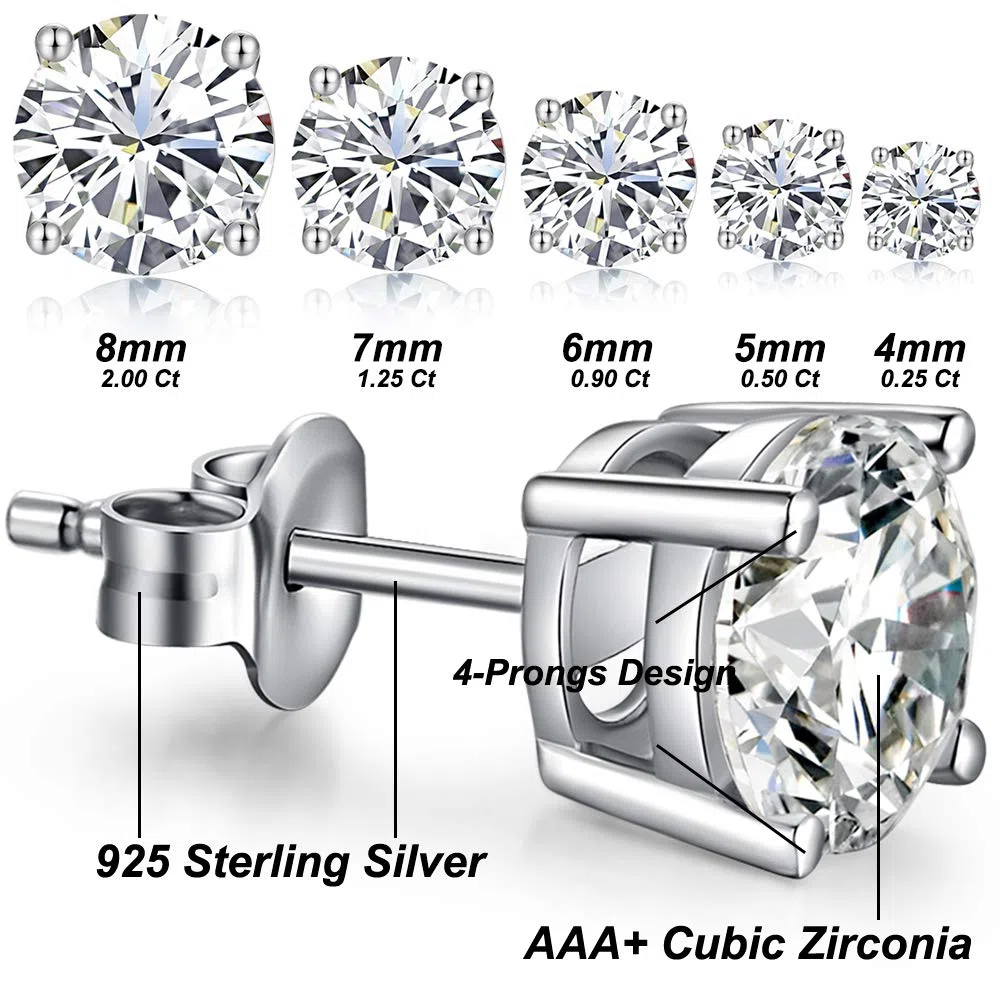 Boucles d'Oreilles en Or Blanc 18 Carats pour Femme et Homme Swarovski Boucles d'Oreilles en Argent Sterling 5A Zircon Cubique Boucle d'Oreille 3mm - 8mm