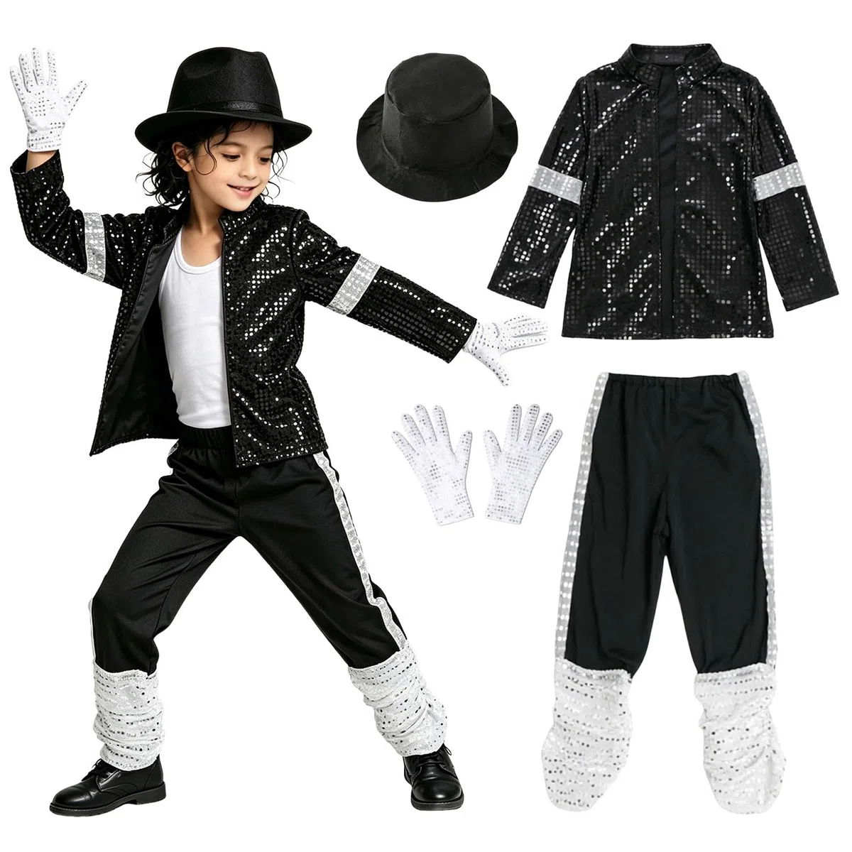 Deguisement Roi de la Pop Garcon Veste et Pantalon à Paillettes Noire Années 80-90 avec Chapeau Gant Tenue Moonwalk pour Halloween Fete Spectacle Enfant Ans Halloween Carnaval Déguisement