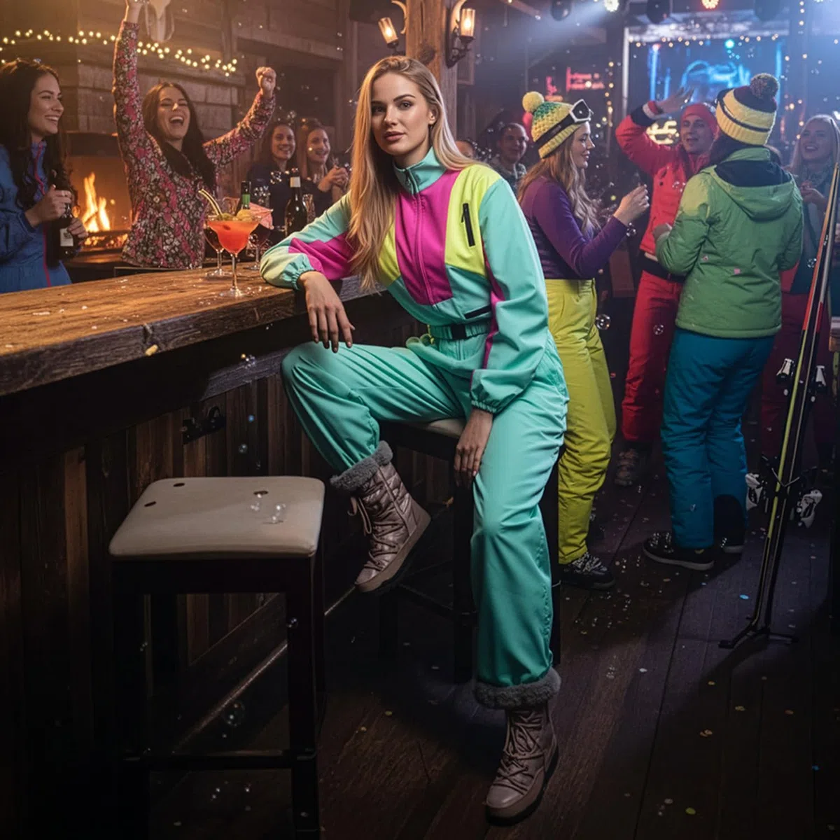 Boland Combinaison de ski rétro, lumière noire, années 80, costume femme, vêtements de ski et de fête