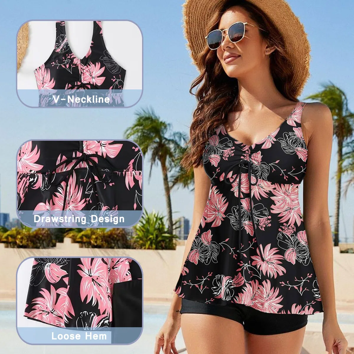 Maillot de Bain Femme 2 Pieces Tankini Imprimé Rembourré Maillot avec Short Débardeur Bikini Beachwear