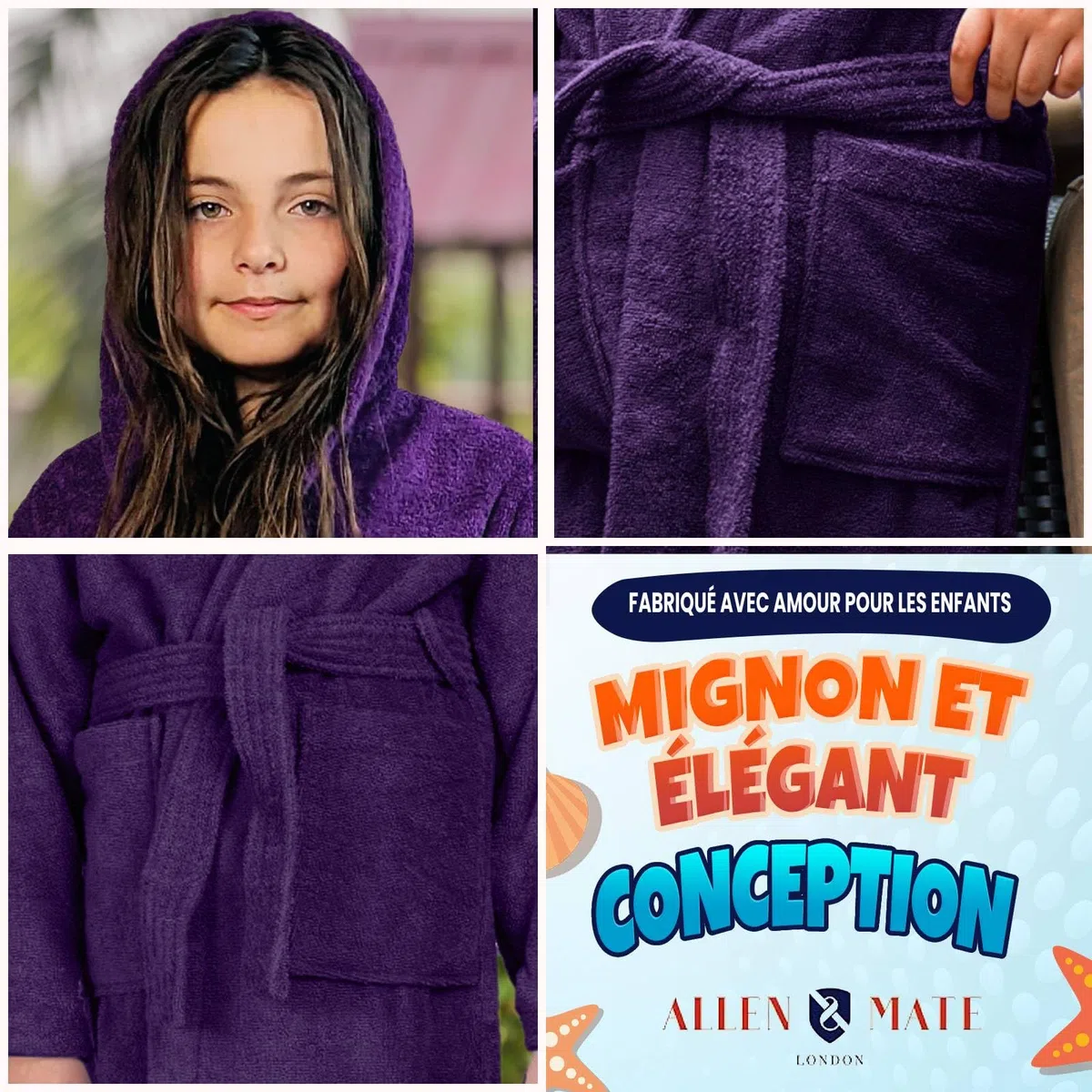 ALLEN & MATE Peignoir de bain à capuche 100% coton pour enfants, garçons et filles, en tissu éponge doux, 6 à 15 ans