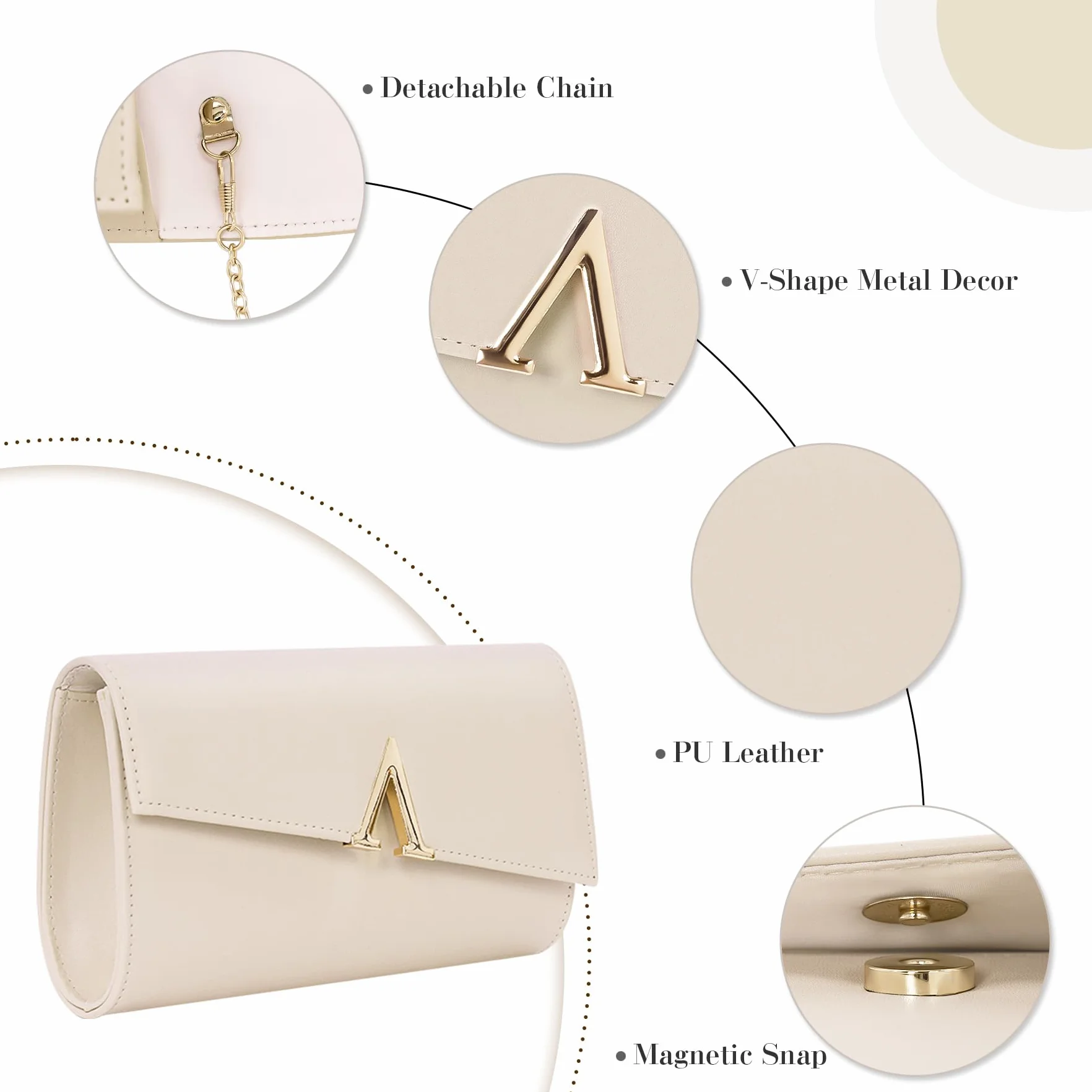 Larcenciel Pochettes et Clutches Femme Nude, Pochette Soiree Femme Élégant en Cuir PU Végétalien avec Chaîne, Sac a Main Crème à la Mode pour Mariage, Fete, Boule, Cocktail, Cérémonie 23x5x13CM