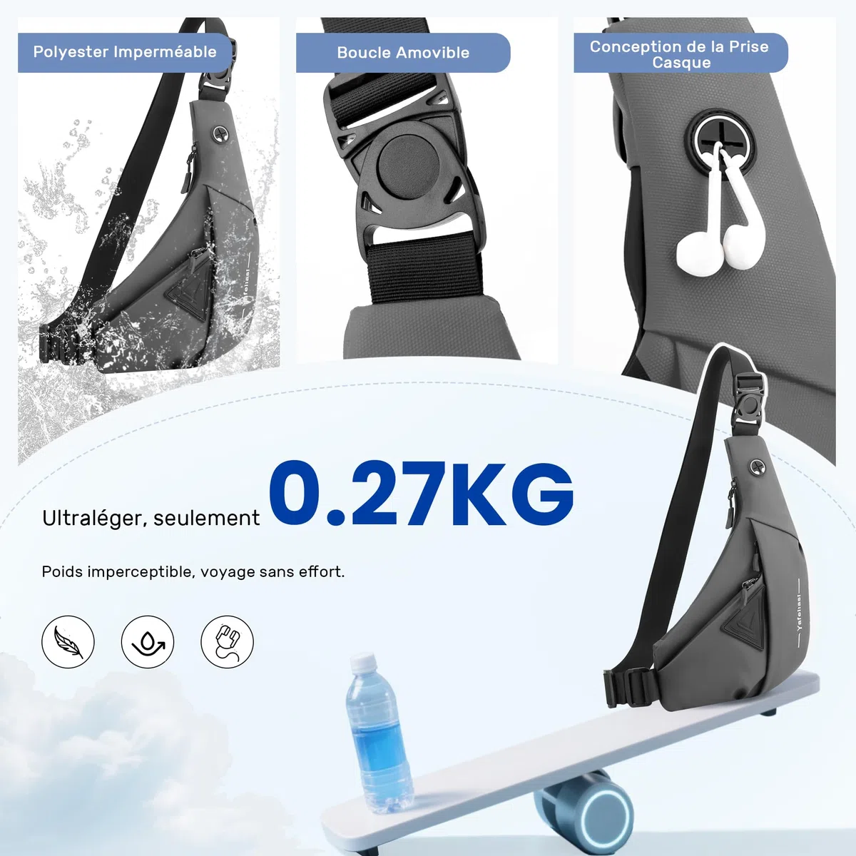 Léger Sac de Poitrine Homme Sling Bag Petit Sacs à Bandoulière Casual Sac d'Epaule Crossbody Bag Voyage Sport Cyclisme Antivol Imperméable Polyester Sling Sac à Dos Épaule Gauche Grise