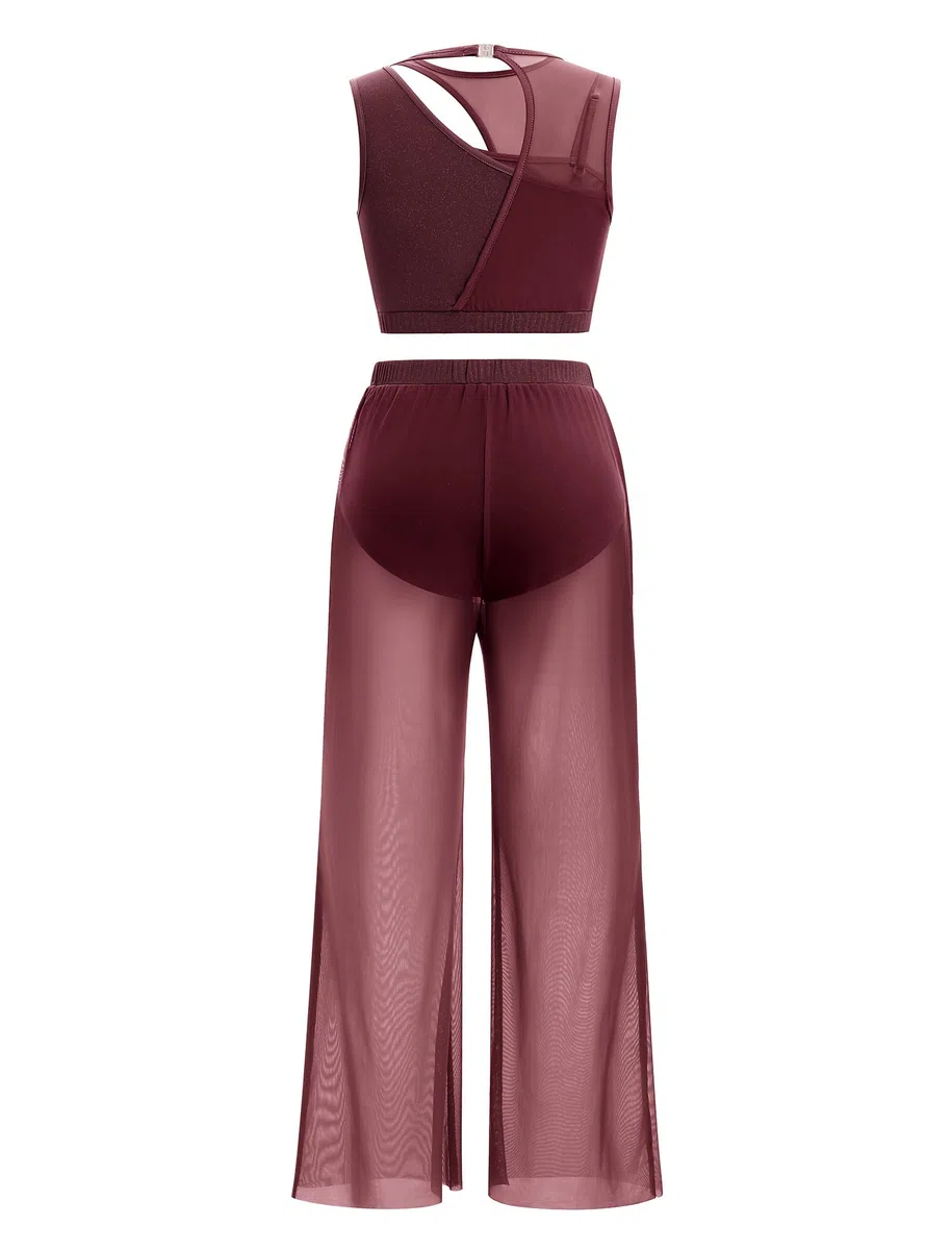 FYMNSI Costume de danse lyrique moderne pour femme - Vêtement de danse classique - Sans manches - Ventre nu - Pantalon large